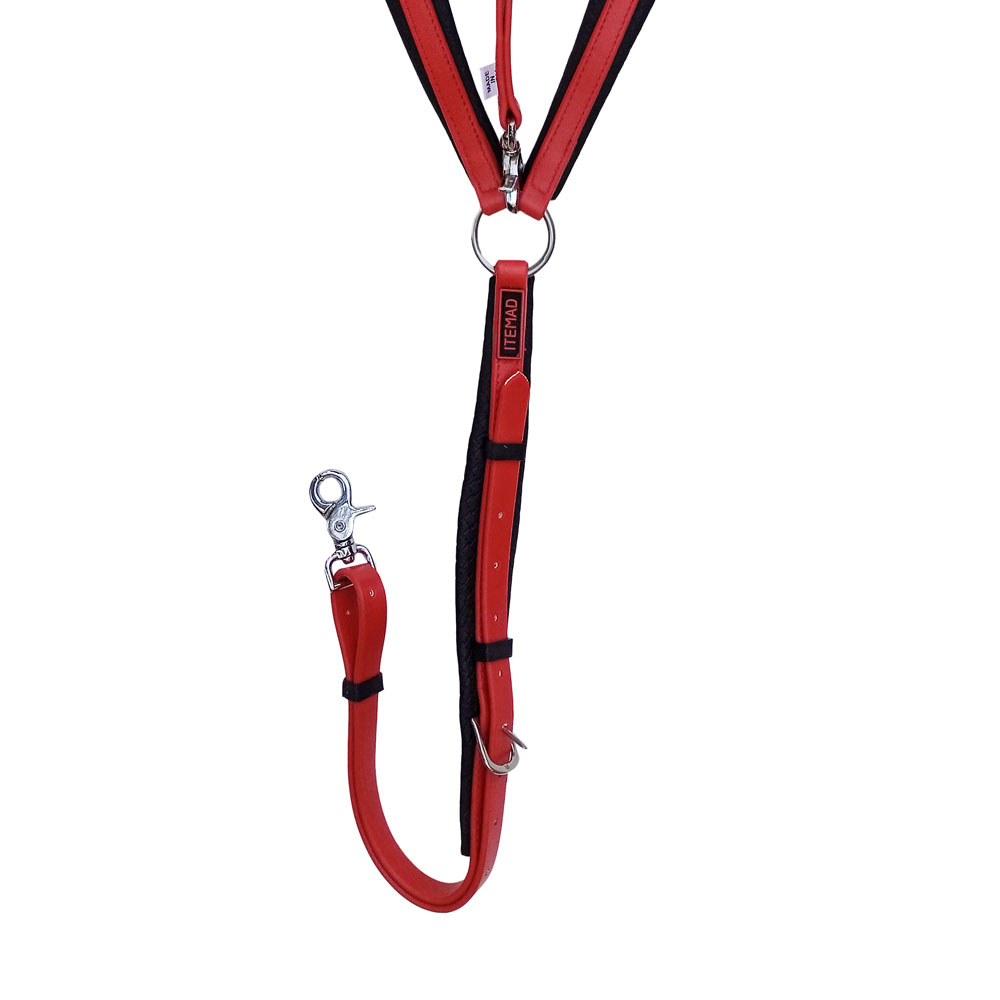 Peitoral para animal vermelho e preto com fivela metálica e etiqueta ITEMAD