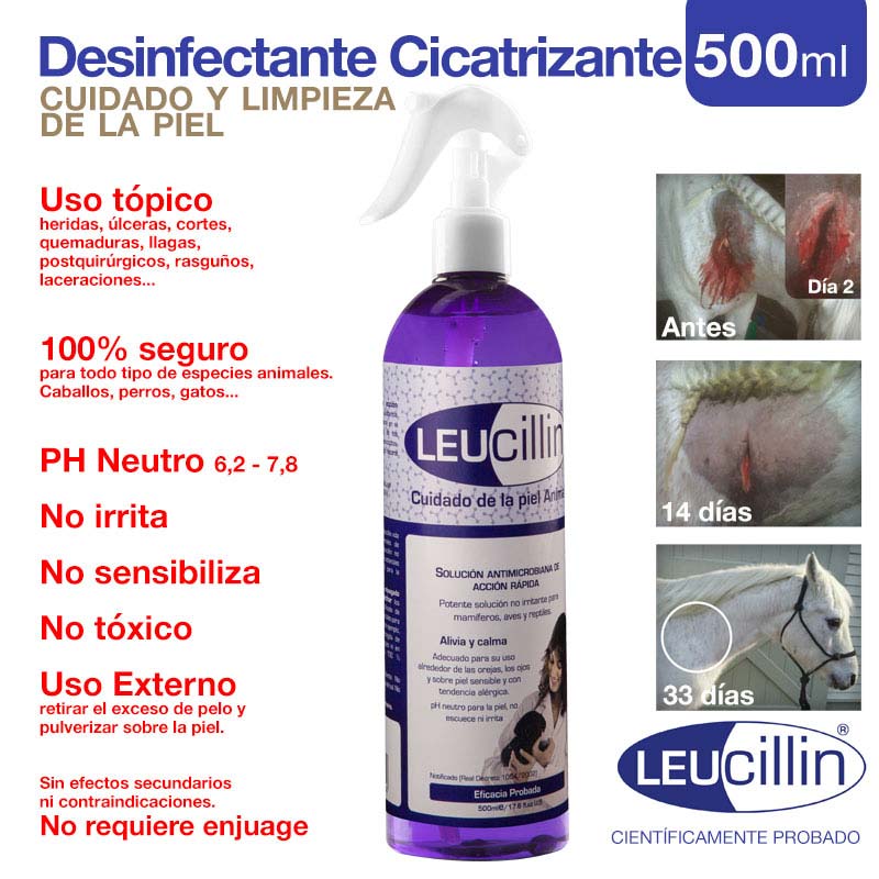 Frasco spray roxo LEUCillin 500ml para cuidado da pele animal com imagens de cicatrização em cavalo