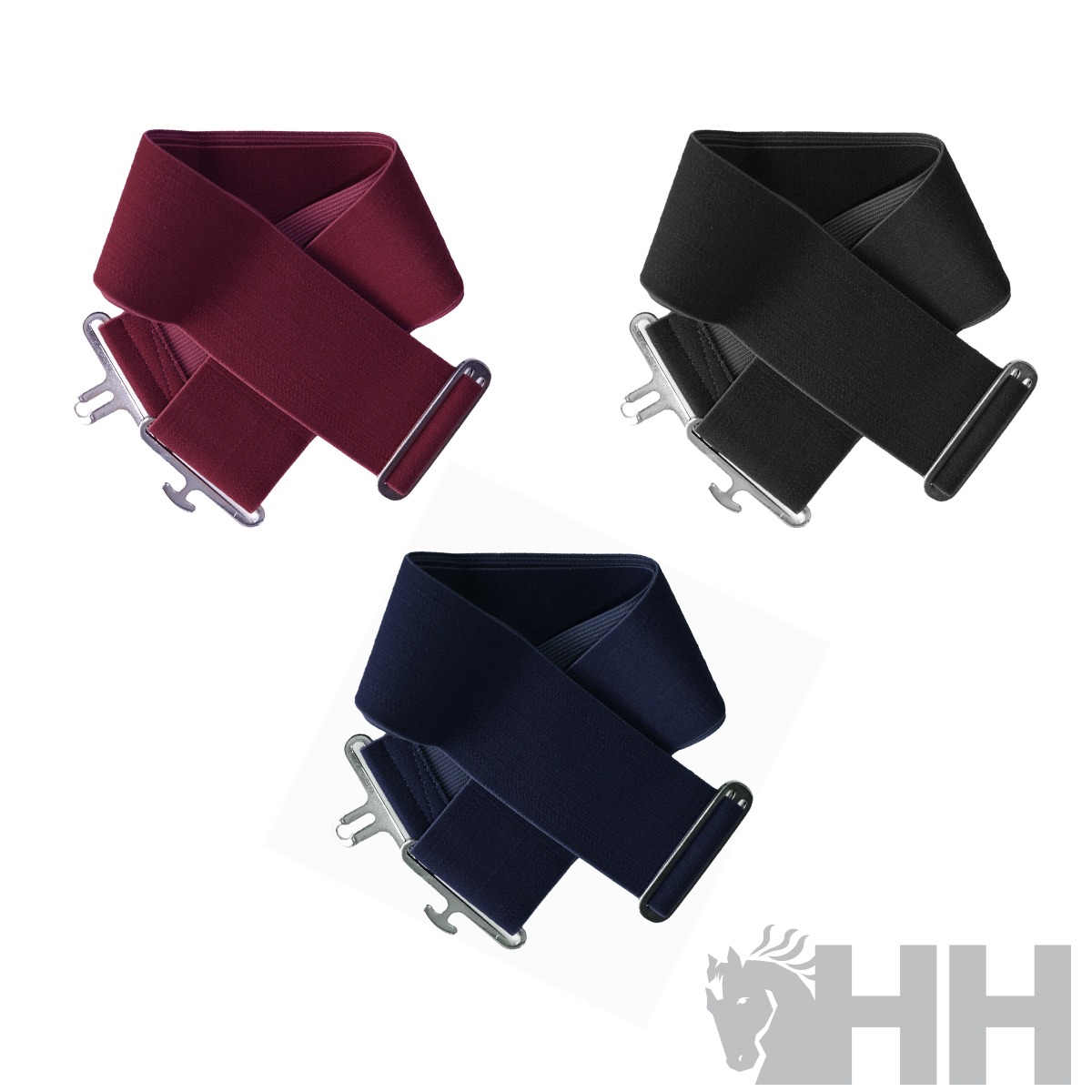 Três cintos elásticos bordô, preto e azul escuro com fivelas metálicas