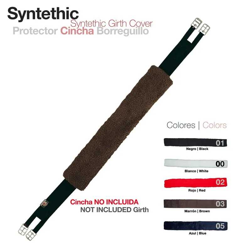Protector sintético para cincha com revestimento castanho e fivelas metálicas, opções de cores e texto explicativo