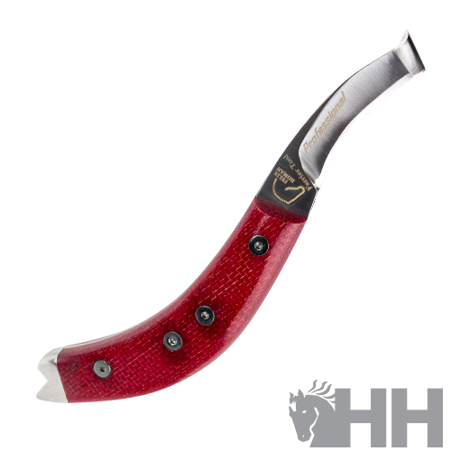 Faca curva com cabo vermelho texturizado e detalhes metálicos