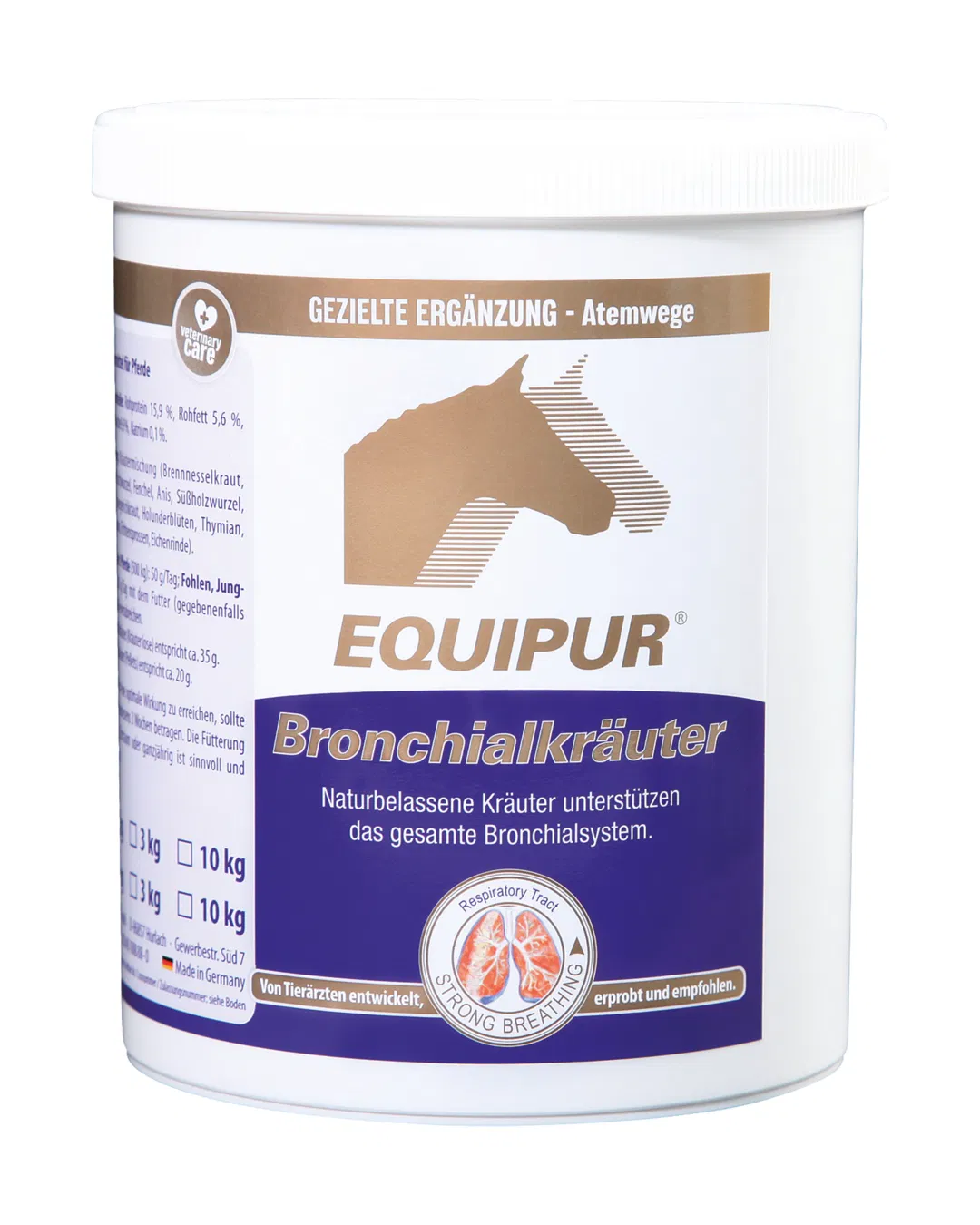 Embalagem branca de suplemento EQUIPUR Bronchialkräuter para sistema bronquial