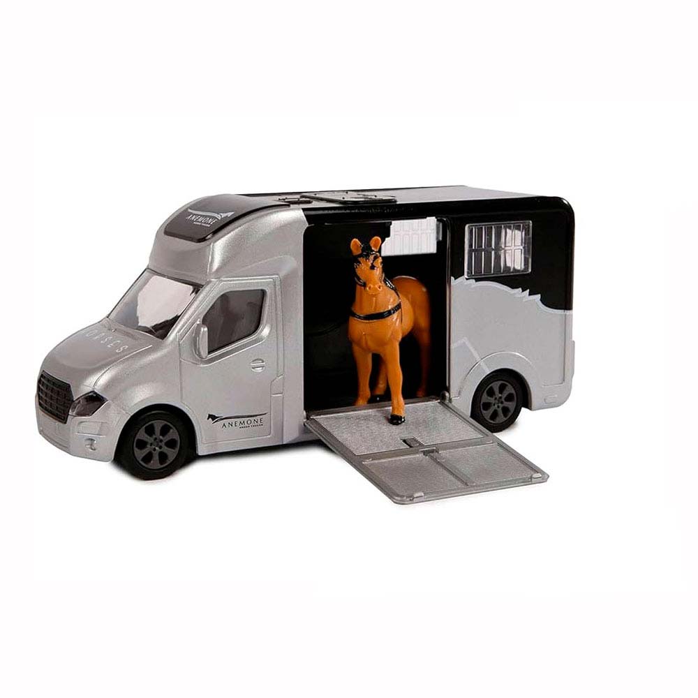 Carrinha de transporte de cavalos com cavalo de brinquedo castanho.