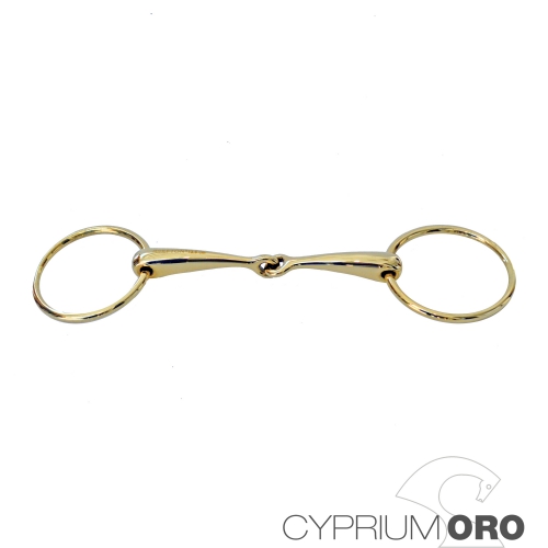 freio para cavalo em metal dourado com argolas e barra articulada