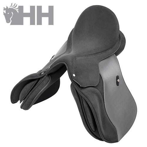 Sela de equitação preta e cinza com logo HH cinzento