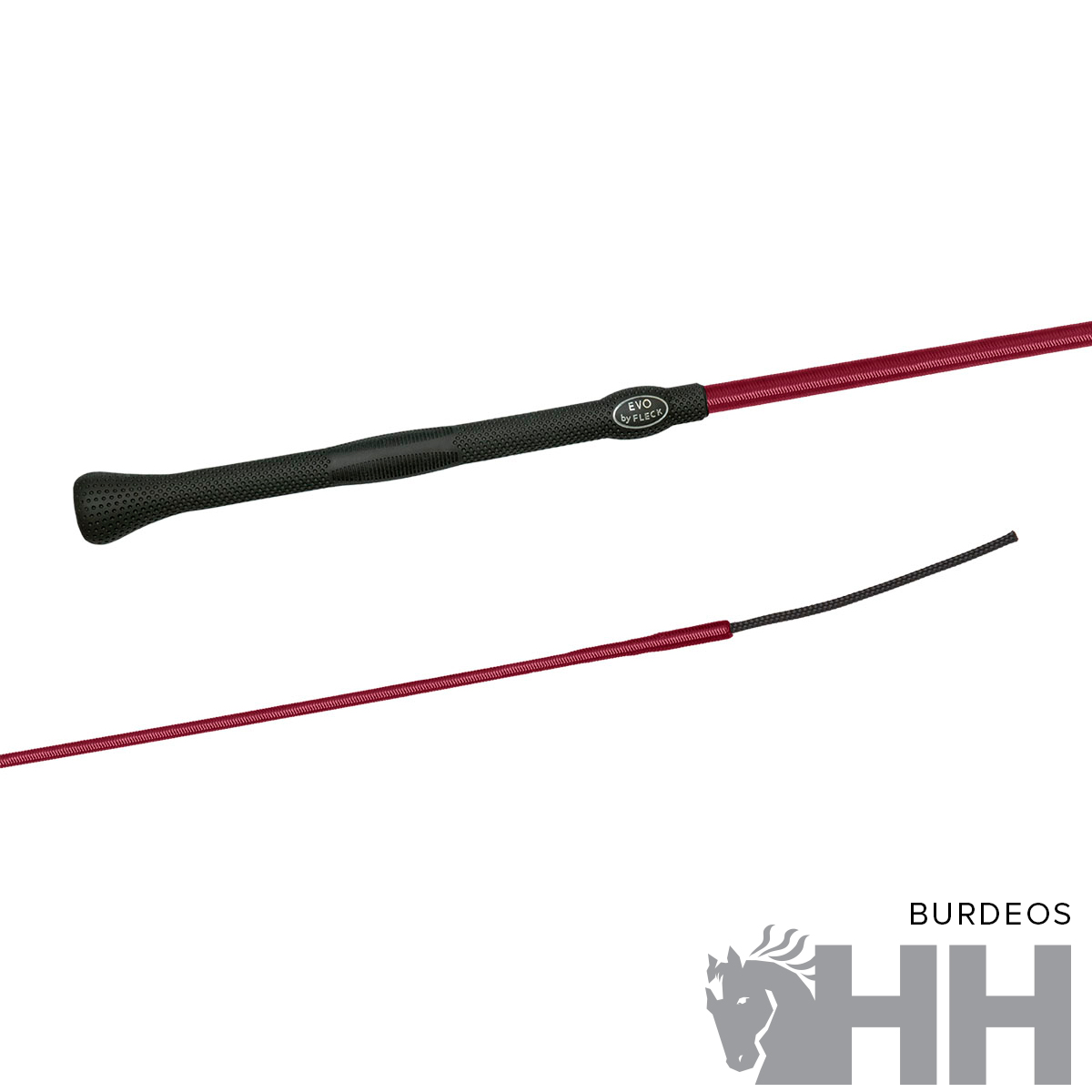 Chicote de equitação preta e vermelha em fundo branco com logótipo de cavalo cinzento e letras HH BURDEOS