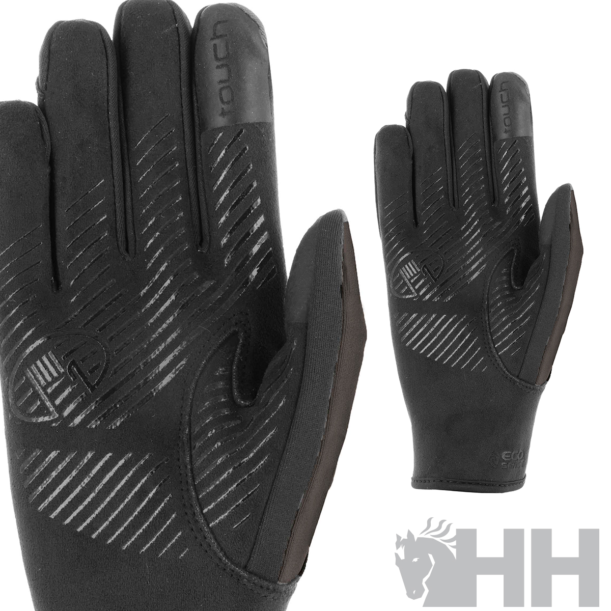 Par de luvas pretas com detalhes brilhantes e texto TOUCH