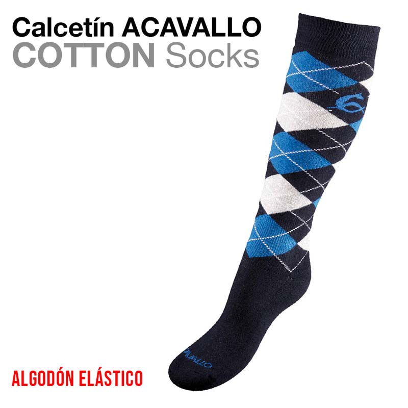 Meia comprida com padrão argyle azul, branco e preto