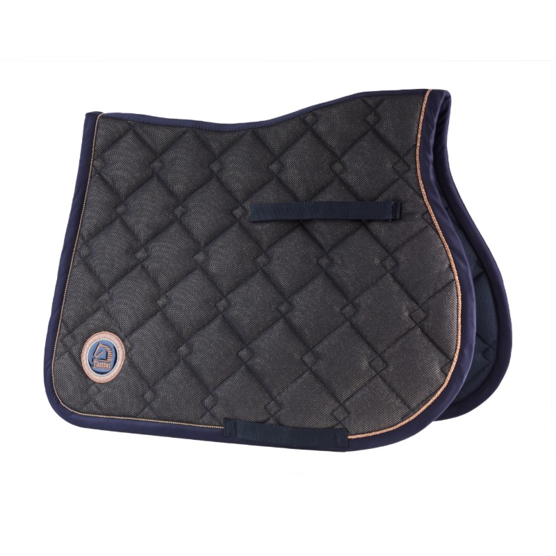 Tapete de sela cinza escuro com bordas azul escuro e costura cor de rosa