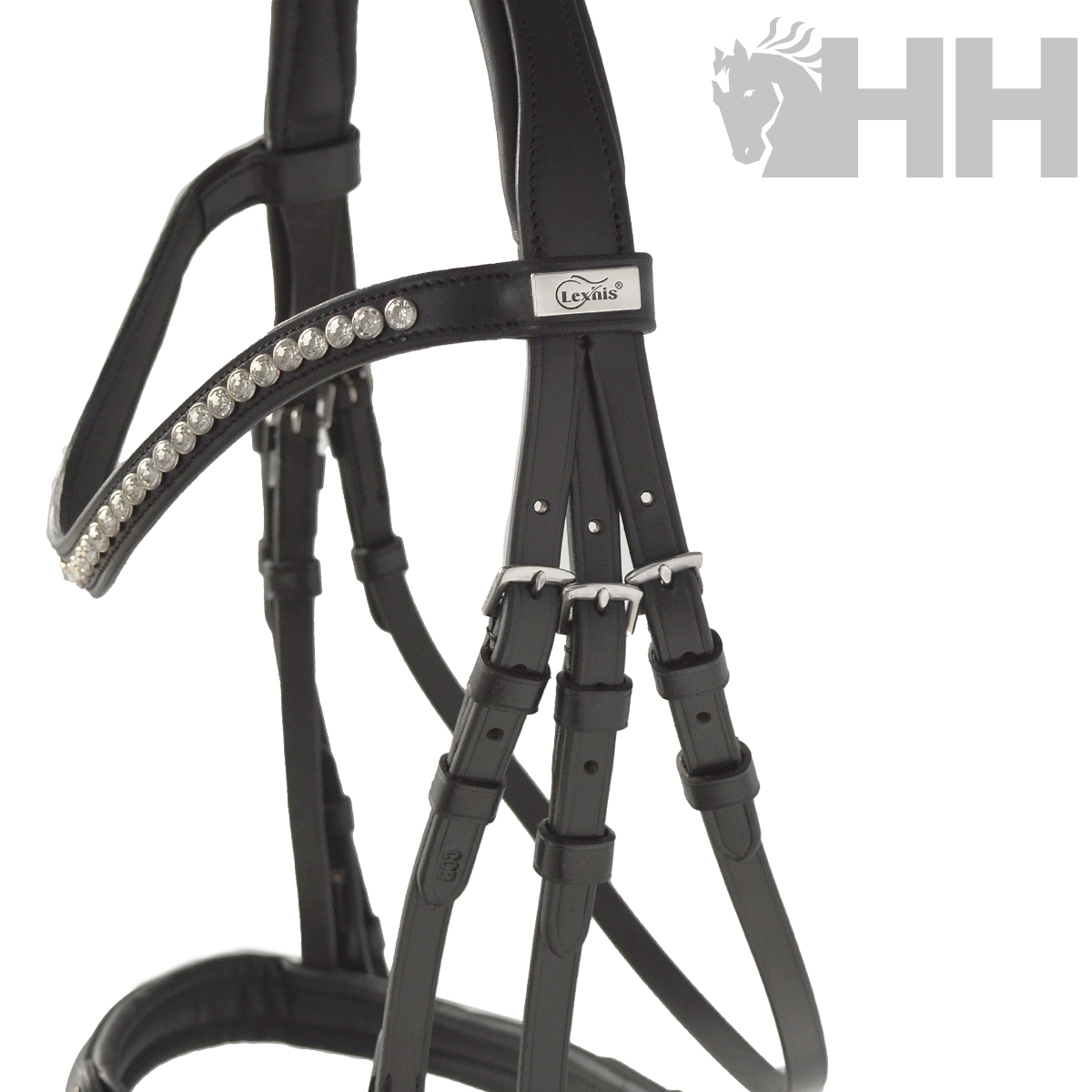 Cabresto de equitação em couro preto com tachas prateadas e fivela metálica