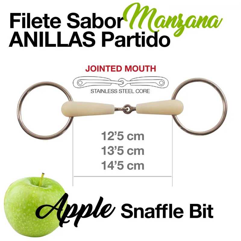 Cabresto snaffle bit com boca articulada e argolas metálicas, texto e imagem de maçã verde.