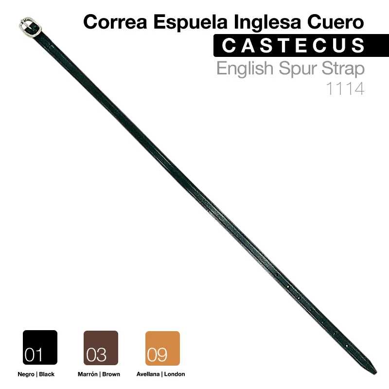 Correia Espuela Inglesa em couro preto com fivela metálica em fundo branco.