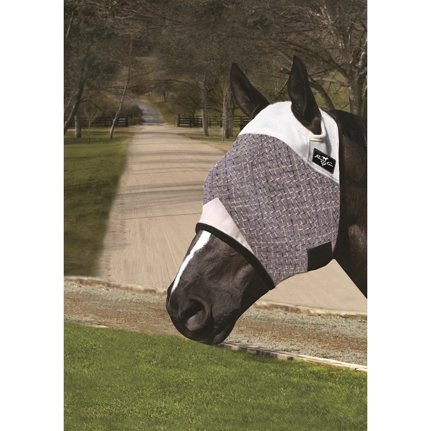 Máscara anti-insetos cinzenta e branca para cavalo com texto Fly Veil