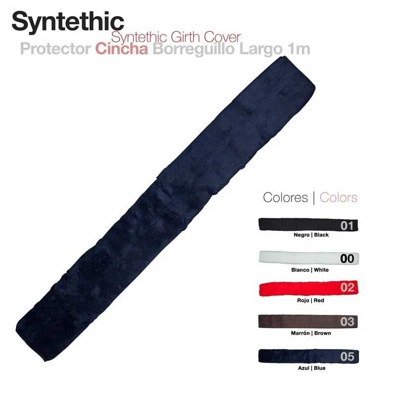 Protetor de cincha sintético azul escuro de textura acolchoada com opções de cores ao lado.