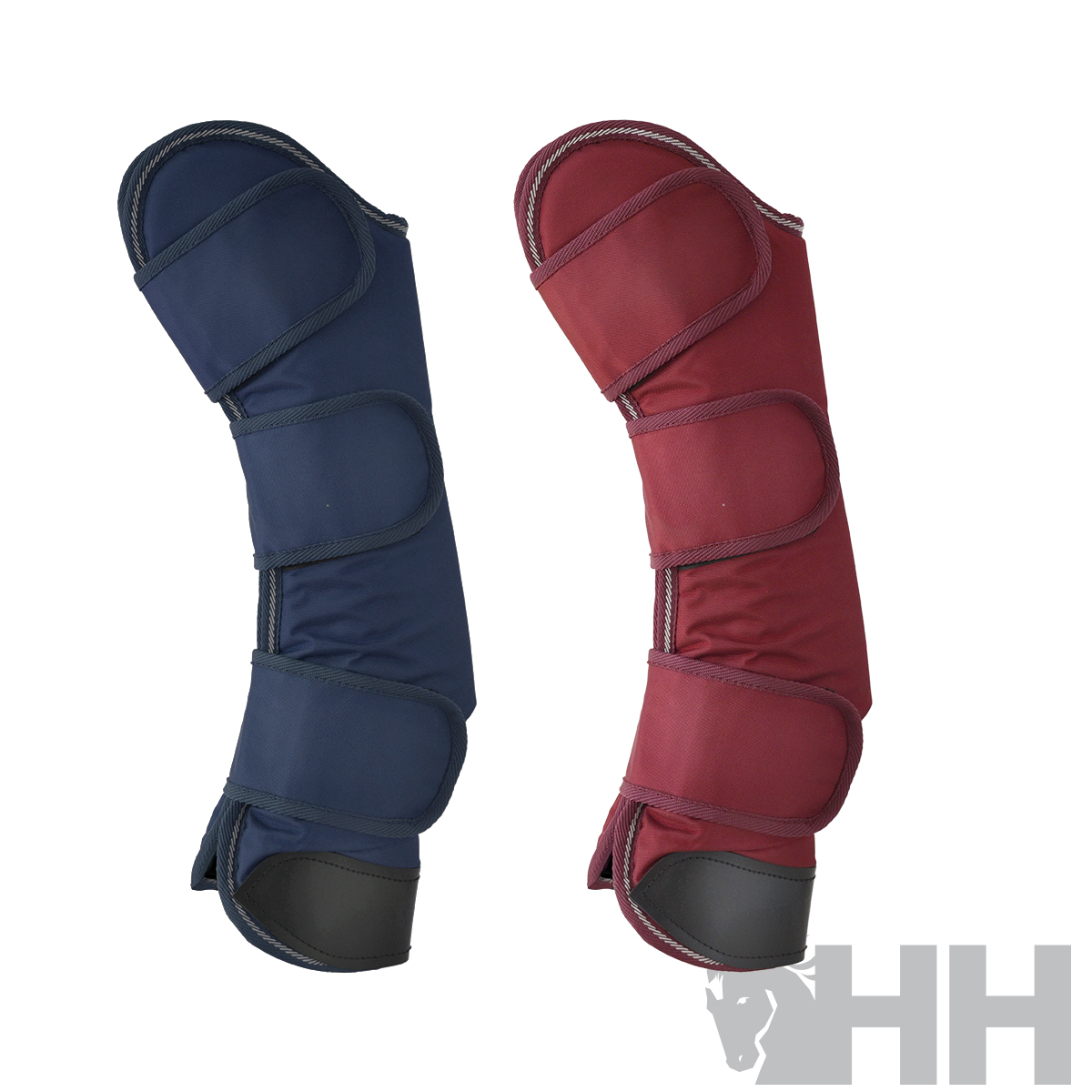 Protetores de tecido azul e vermelho para cavalos com fechos de velcro