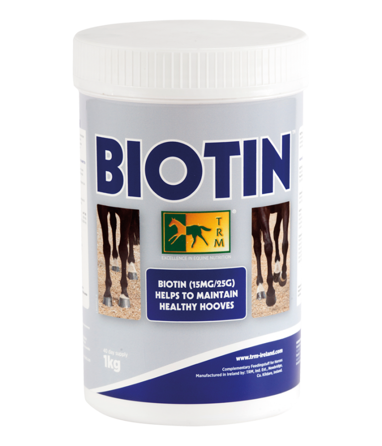 Frasco branco com rótulo cinza e azul de suplemento biotina para cavalos, mostrando patas de cavalo e marca TRM.