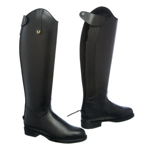 Botas de equitação pretas de couro com fecho de botão e elástico