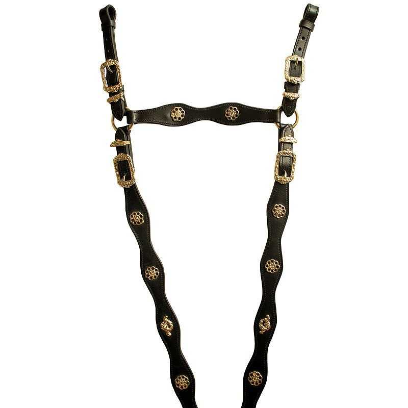 Arreio preto em pele com fivelas e detalhes metálicos dourados