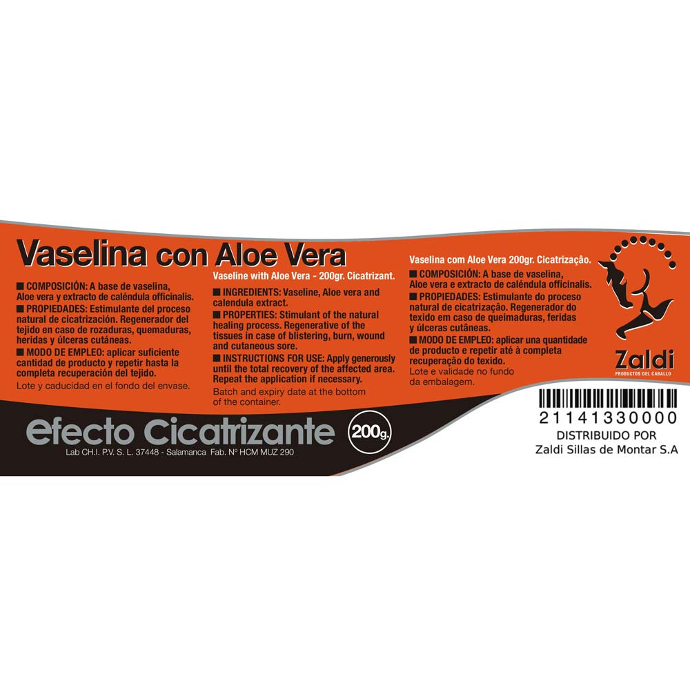 Etiqueta de vaselina com Aloe Vera com texto em espanhol, inglês e português, em fundo laranja e preto