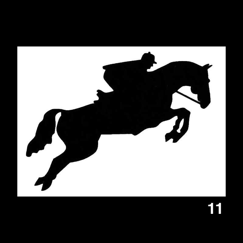 Silhueta preta de cavalo a saltar com cavaleiro sobre fundo branco e número 11 no canto inferior direito