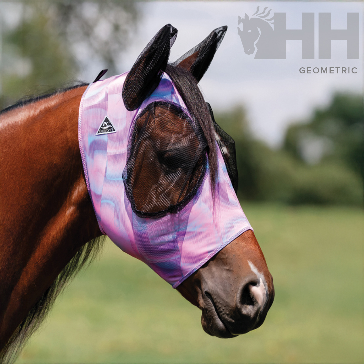 Máscara rosa e lilás com rede preta para proteção de olhos e orelhas de cavalo