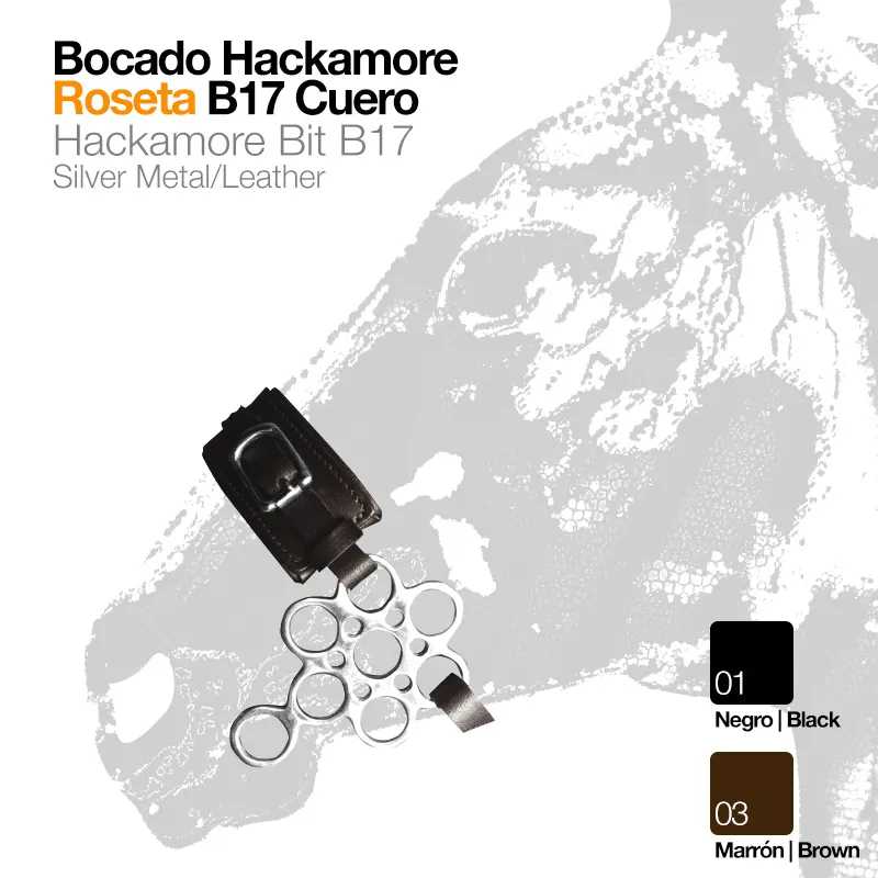 Bocado Hackamore Roseta B17 em couro preto com anéis metálicos prateados.
