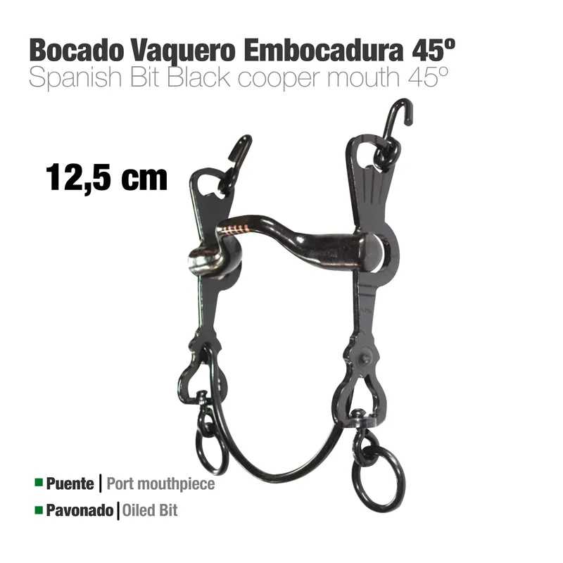 Freio vaqueiro metálico preto com embocadura 45° de 12,5 cm, com ponte e pavonado