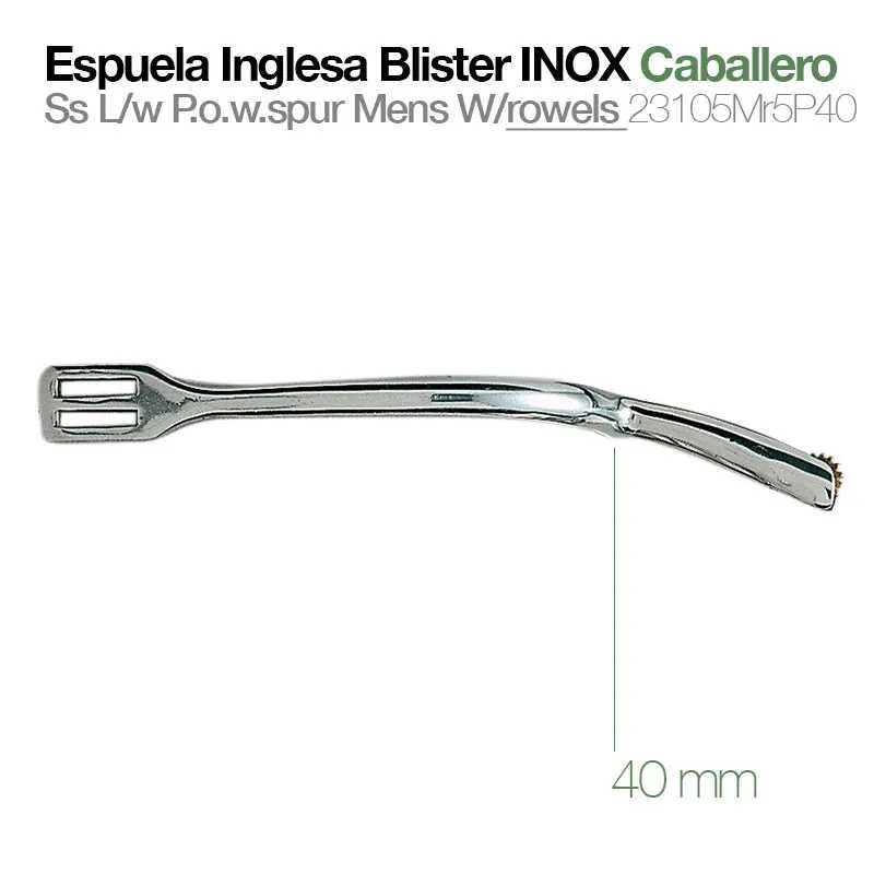 Espuela inglesa de aço inoxidável com medidas 40 mm em fundo branco