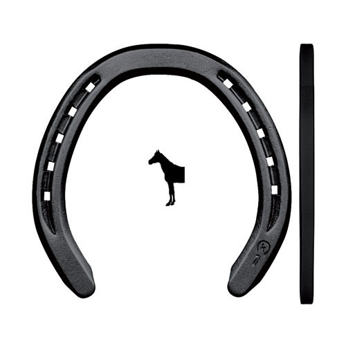 Ferro de ferradura preto com pequeno cavalo preto sobre fundo branco