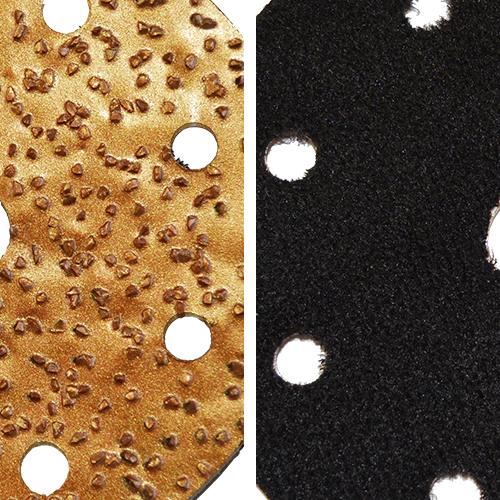 Duas peças retangulares com furos, uma castanha dourada texturizada e outra preta lisa