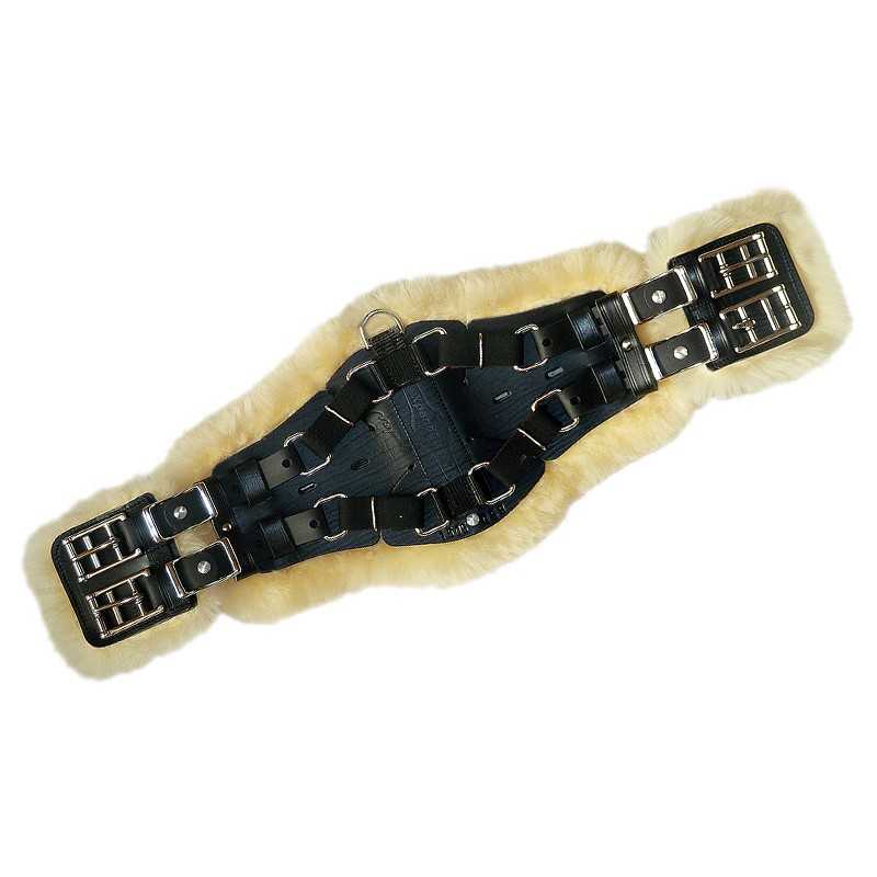 Cinta preta de couro com fivelas metálicas e forro de pêlo sintético bege