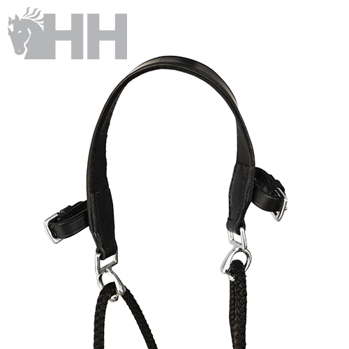 Cabresto preto HH em couro e corda com metal prateado