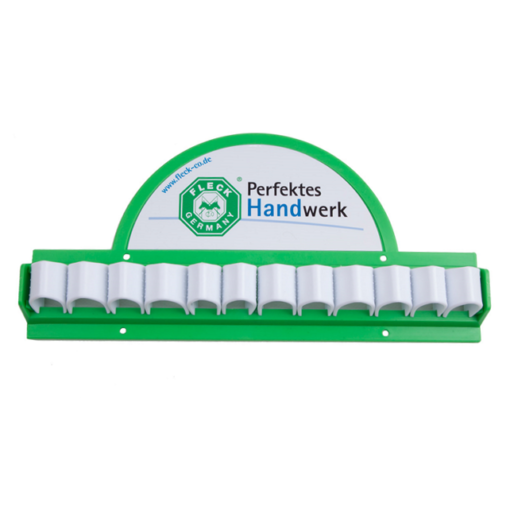 Suporte de parede verde com garras brancas para ferramentas e texto 'FLEX GERMAN Perfektes Handwerk'