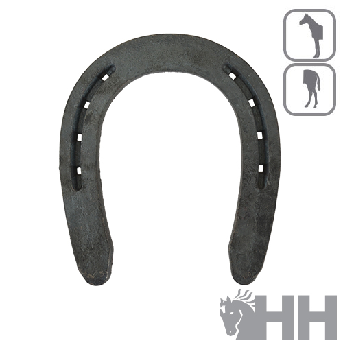 Ferradura metálica cinzenta escura com furos e textura rugosa