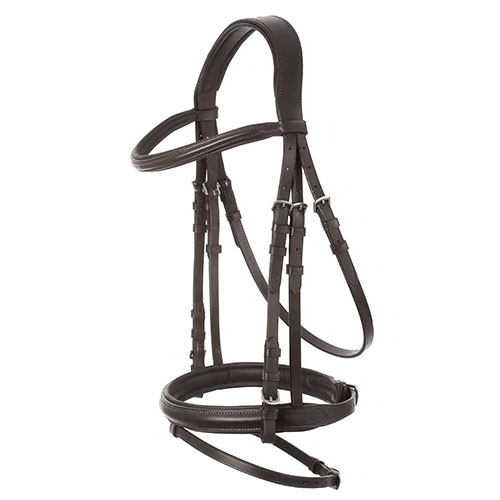 Cabeçada de cavalo castanha escura com fivelas metálicas sobre fundo branco