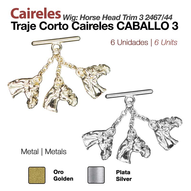 Acessório metálico com três cabeças de cavalo em ouro e prata com correntes e fivela