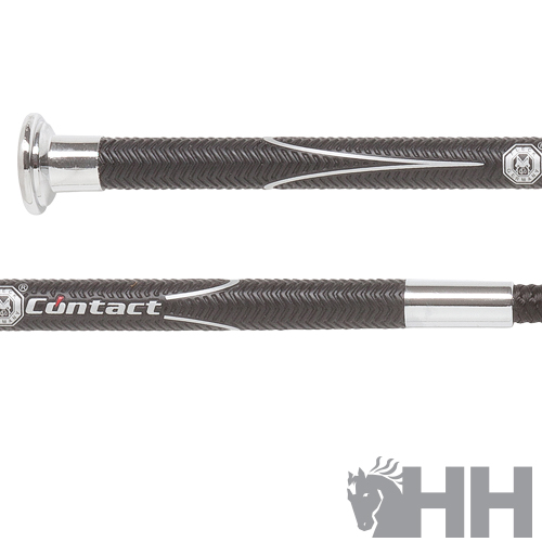 Cabo de vara de palestra preto e prateado com texto Contact e logotipo HH