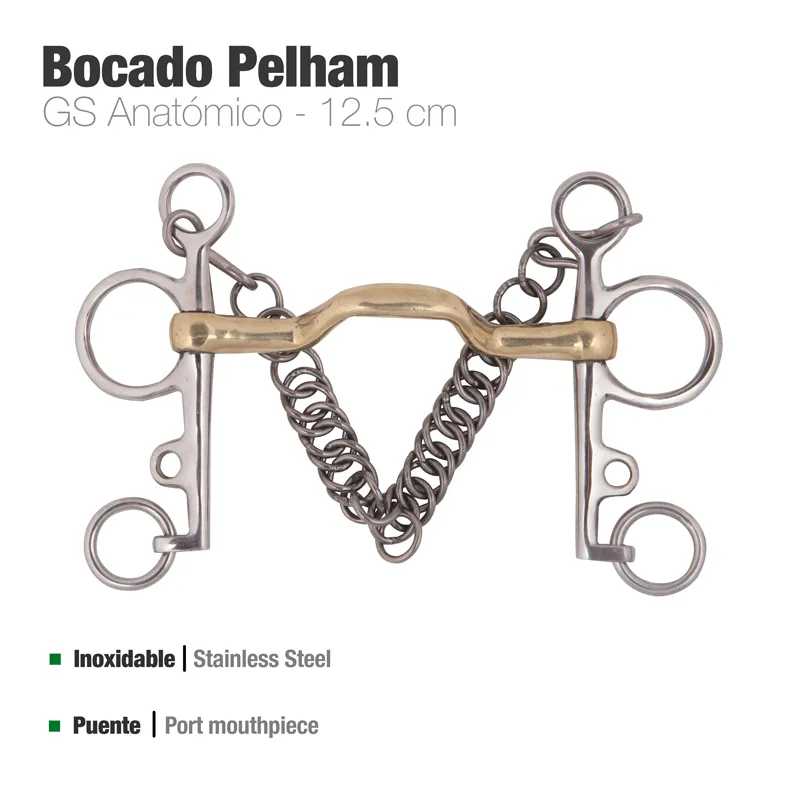 Bocado Pelham GS Anatómico 12,5 cm em aço inoxidável com peça central bronze e corrente