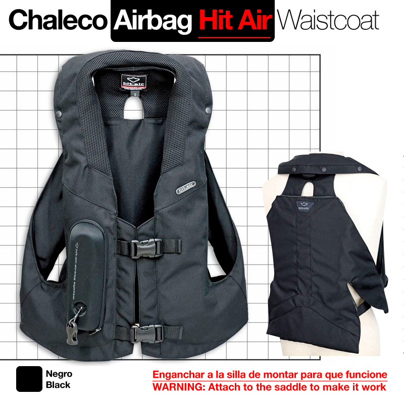 Colete airbag preto Hit Air com fechos dianteiros e texturas em malha, mostrado frente e costas.