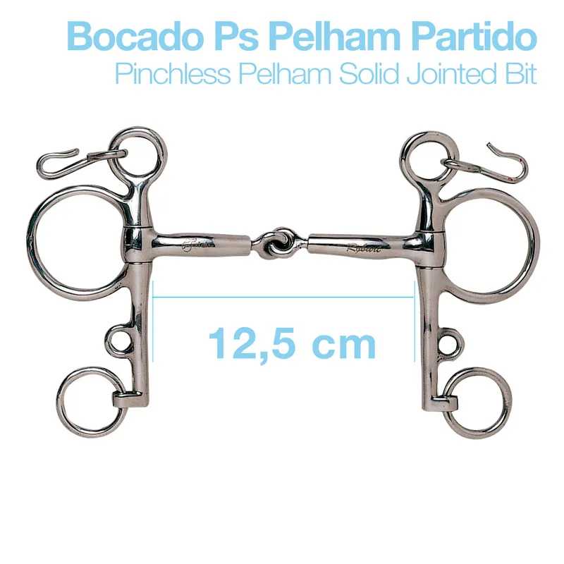 Bocado tipo Pelham partido em metal prateado com 12,5 cm