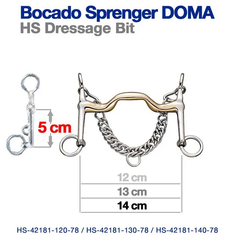 Bocado Sprenger Doma HS Dressage Bit em metal com corrente e medidas visíveis