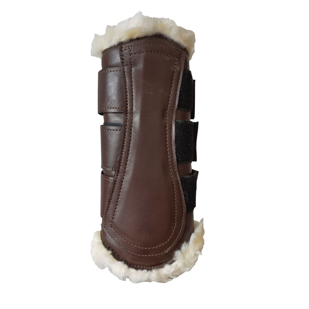 Perneira protetora castanha com forro branco peludo e tiras de velcro pretas