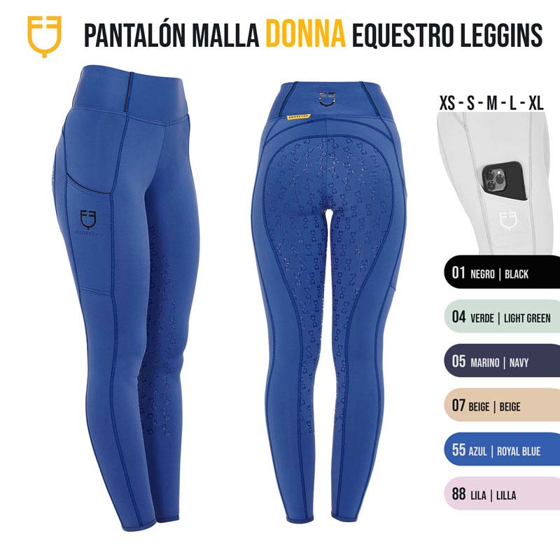 Leggings equestres femininas azuis com detalhes antiderrapantes e logótipo FG