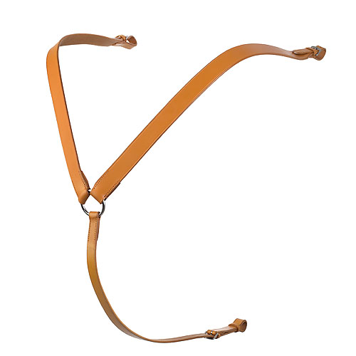 Arnês ou correias de couro castanho claro com fivelas ajustáveis