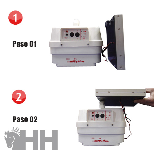 Aparelho branco com painel e tampa preta, passos 01 e 02