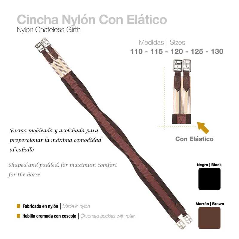 Cincha de nylon bege com detalhes marrons e fivela cromada para cavalo