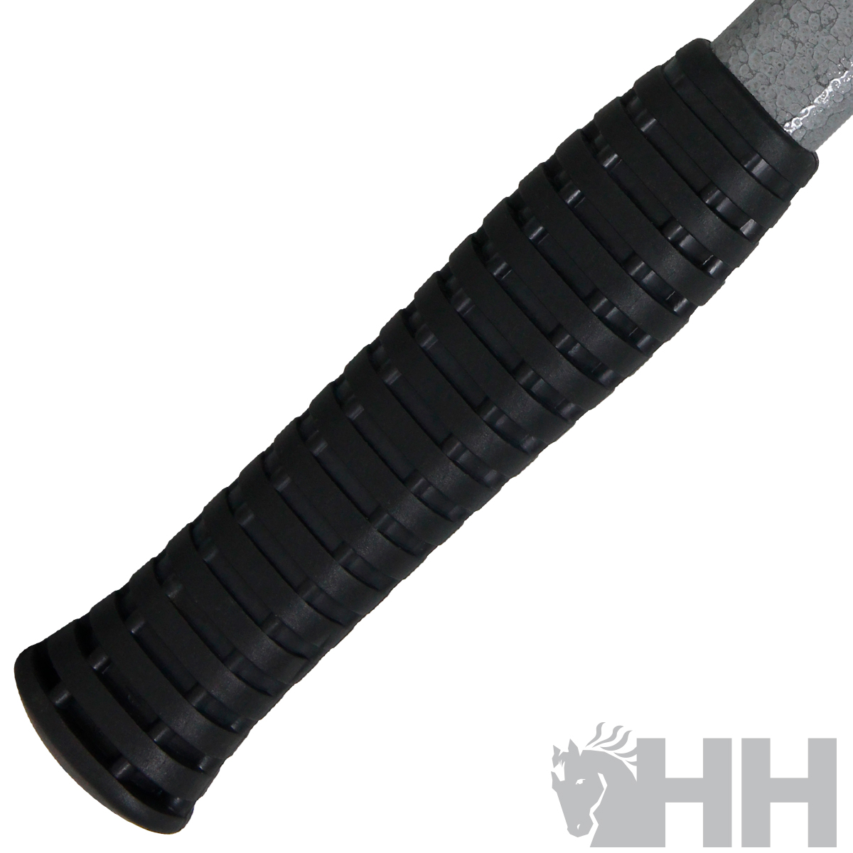 Pega preta texturada em borracha com ranhuras e parte metálica cinza