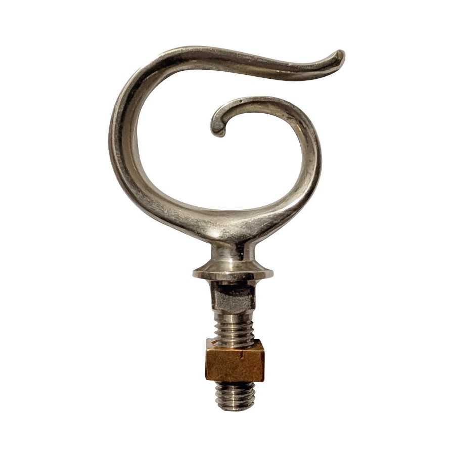 Gancho metálico prateado em espiral com parafuso e porca dourada