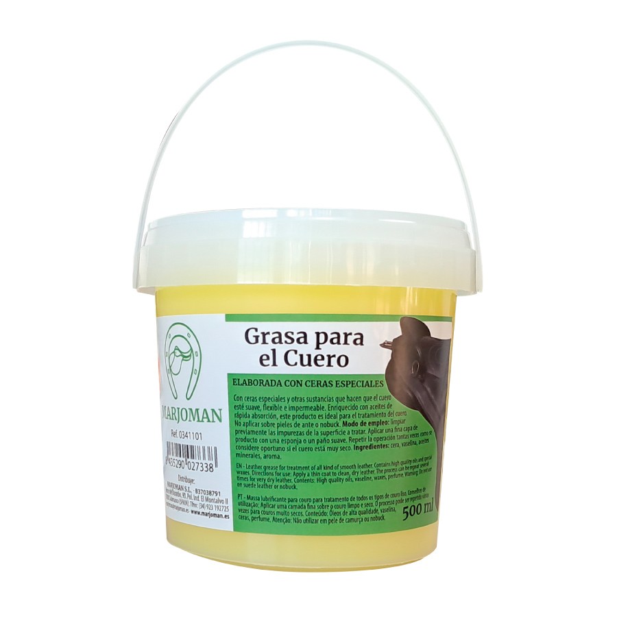 Balde amarelo de gordura para couro Marjoman com tampa branca e rótulo verde