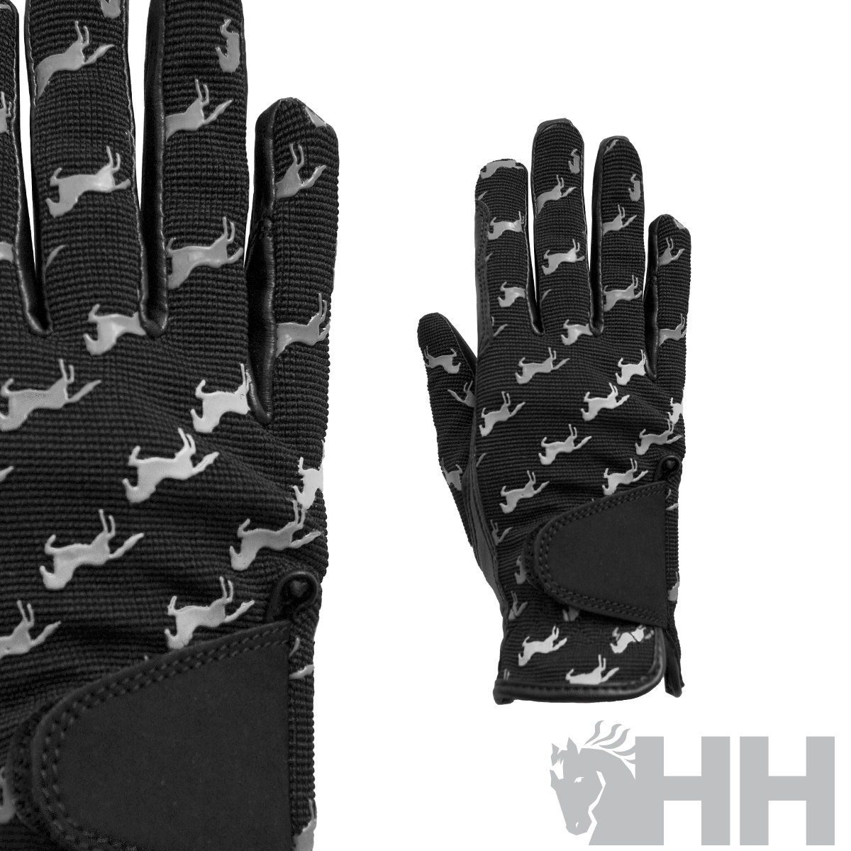 Luvas pretas com padrão de cavalos brancos e fecho ajustável
